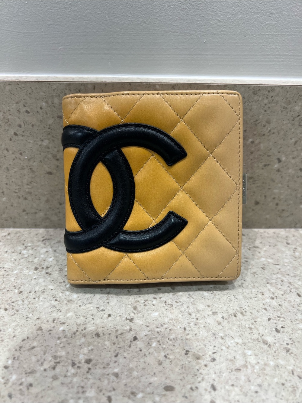 CHANEL Yellow Quilted Leather Card Holder with Black CC Emblem